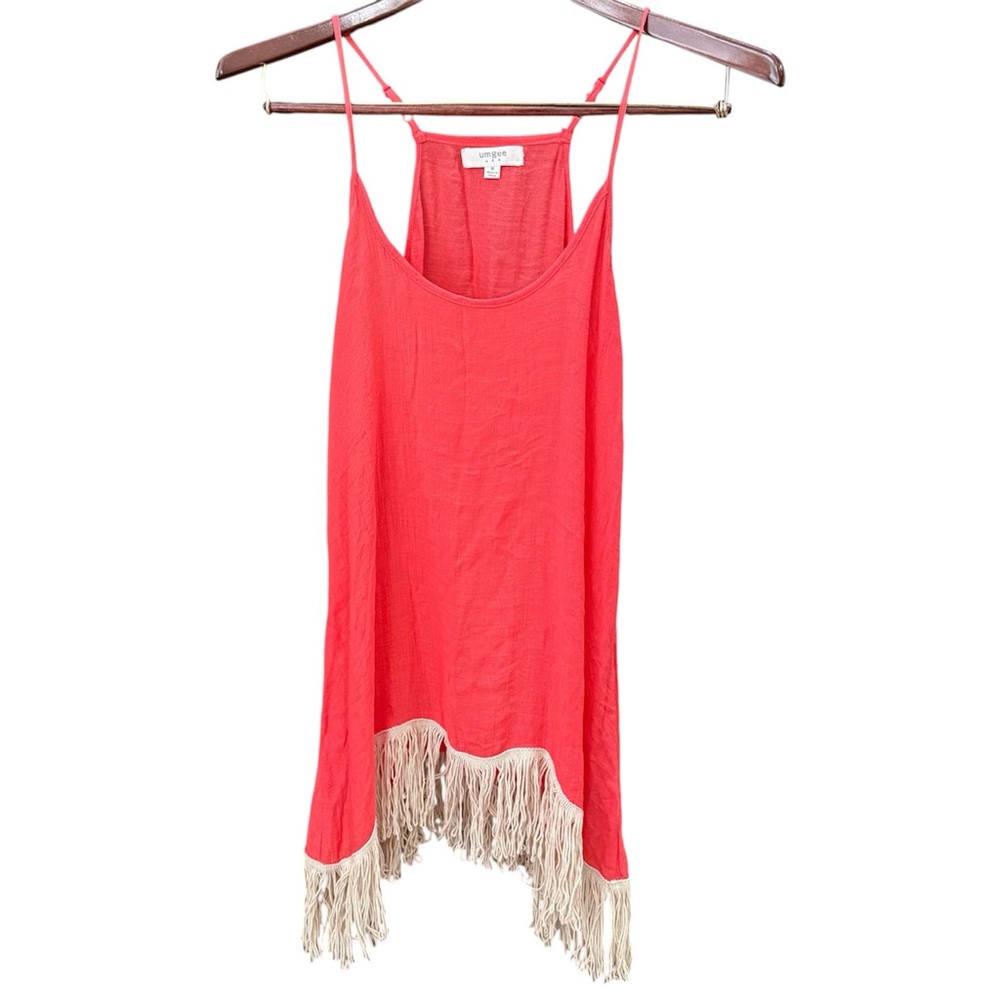 Umgee Coral Red Fringe Hem Cami Tunic Top Medium